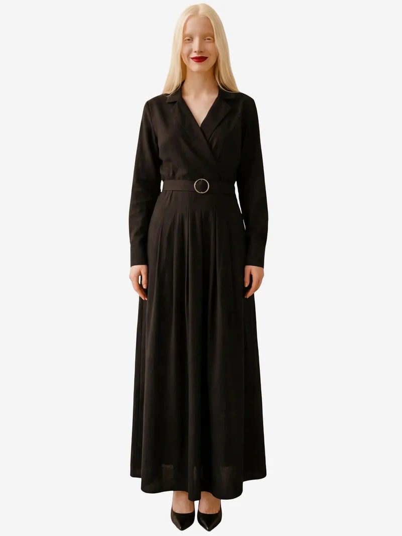 MY FASHION Black MY FASHION Belted Long Sleeve Maxi Dress for Women | Best Price UAE